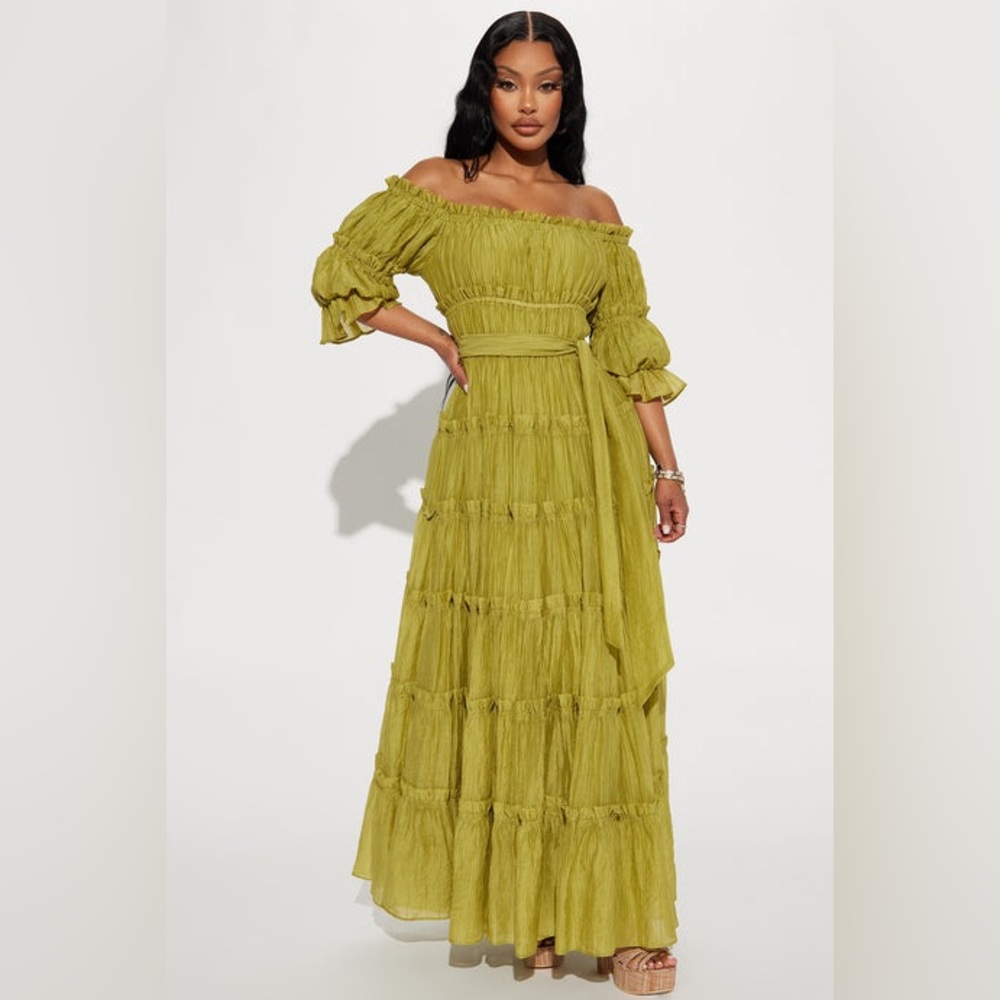Fashion Nova Off-Shoulder Maxi Dress in Olive Green - Picture 2 of 4